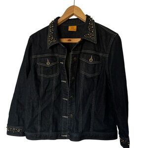 Ruby RD. Womens Denim Jean Jacket Beaded Collar Long Sleeves Dark Wash